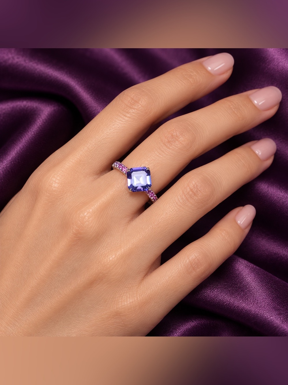 Purple Asscher Cut & Pink Pavé Statement Ring | Size 6 | New